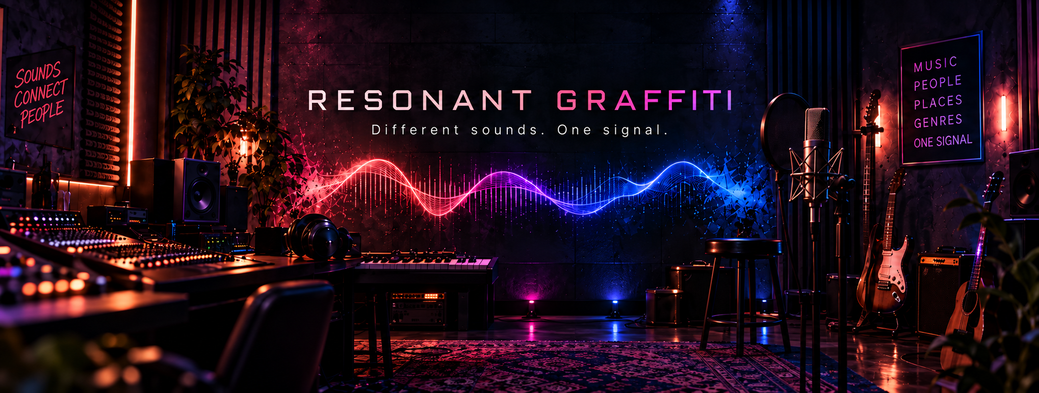 Resonant Graffiti. Different sounds. One signal. A recording studio with a pink, purple and blue soundwave.